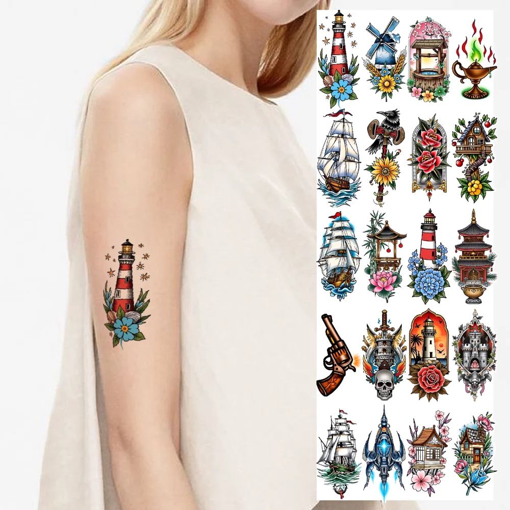 

28pcs Temporary Tattoo Pagoda Temporary Tattoo Stickers Windmill Carousel New School Traditional Skull For Shoulders Arms