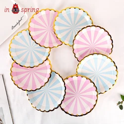 10 PCS 9 Inch Stripe Disposable Paper Eco-friendly Cardboard Diameter 23cm Gender Disclosure Party Nut Cake Plate