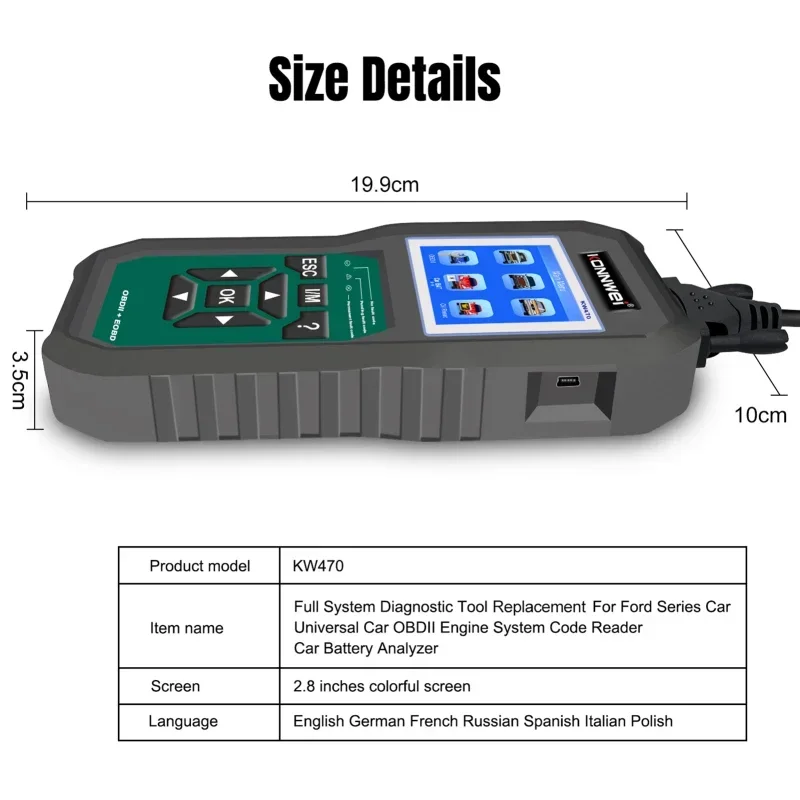 KONNWEI KW470 OBDII Code Reader&BatteryTester&Full System Diagnostic Scanner Replacement for F O R D Universal Car After 1996