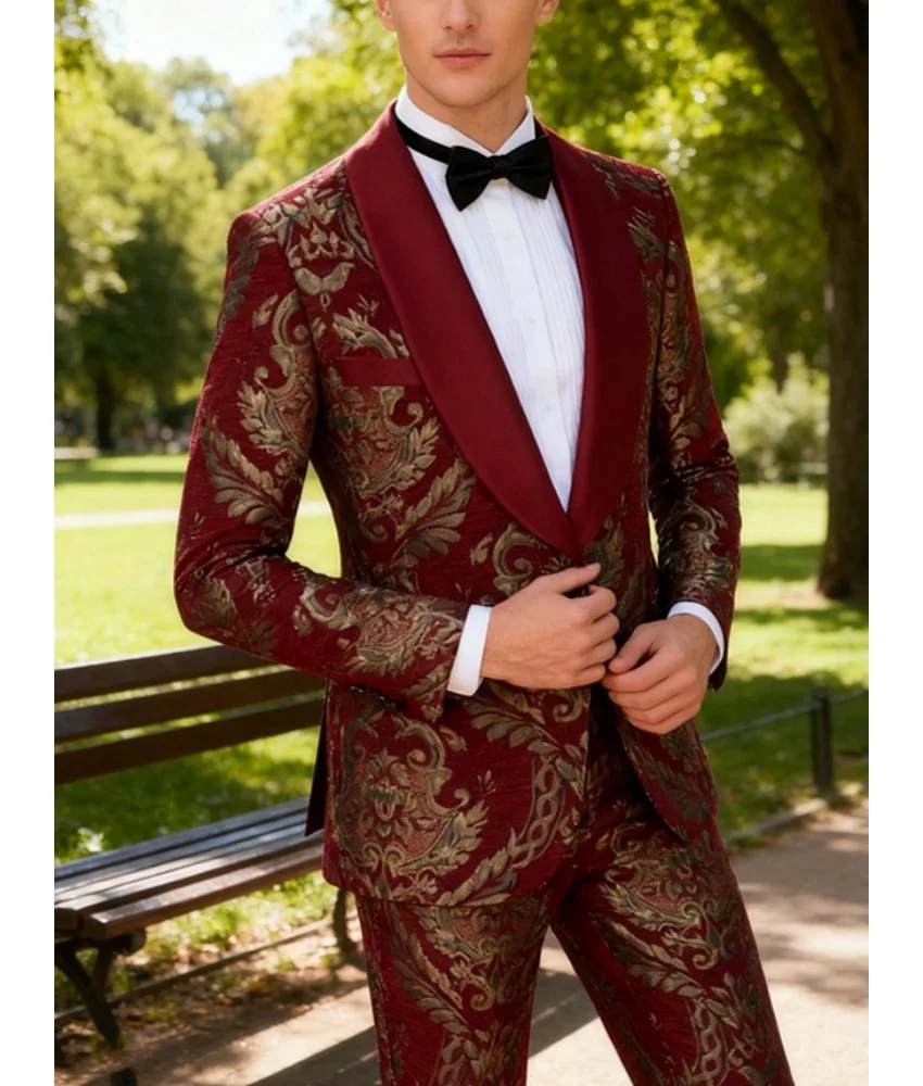 

High-end British style taffeta suit with gold embroidery.Temperament Performance outfit 2-piece Men's Suit ( Blazer+Pants )