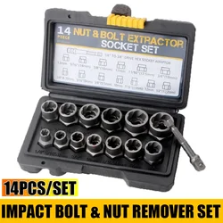 14pcs/set Impact Bolt & Nut Remover Set Cr-Mo Steel Bolt Extractor Tool with Solid Storage Case Remover Extractor Socket Tools