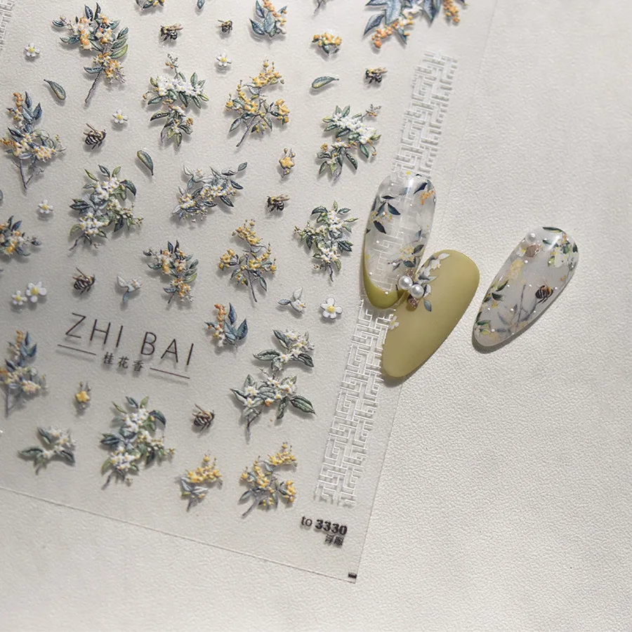 1 stks 5D Mooie Bloem Nail Art Stickers Pioen Osmanthus Jasmijn Acryl Nageldecoratie Decals Hoge Kwaliteit Nail Stickers