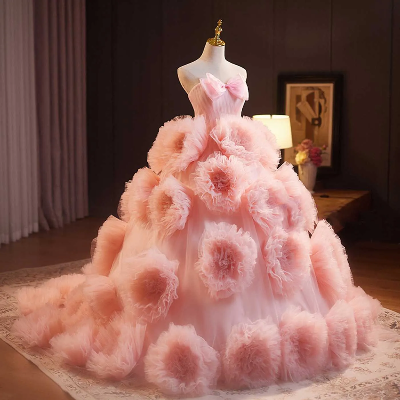 

Сказочное розовое платье Quinceanera с 3D цветами, бальное платье, свадебные платья, бальное платье ручной работы с цветами, платье для фотосессии невесты 2026