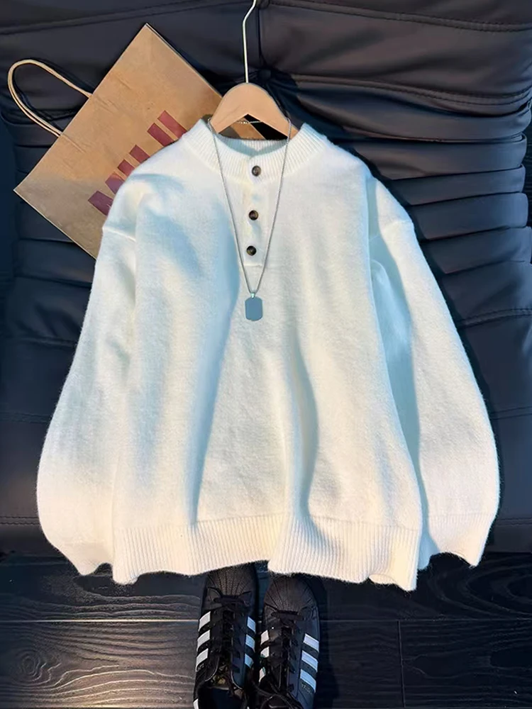 

Мужской утепленный свитер с воротником хенли, зимний теплый трикотажный свитер с высоким воротом, американский ретро-стиль, базовый слой, топ