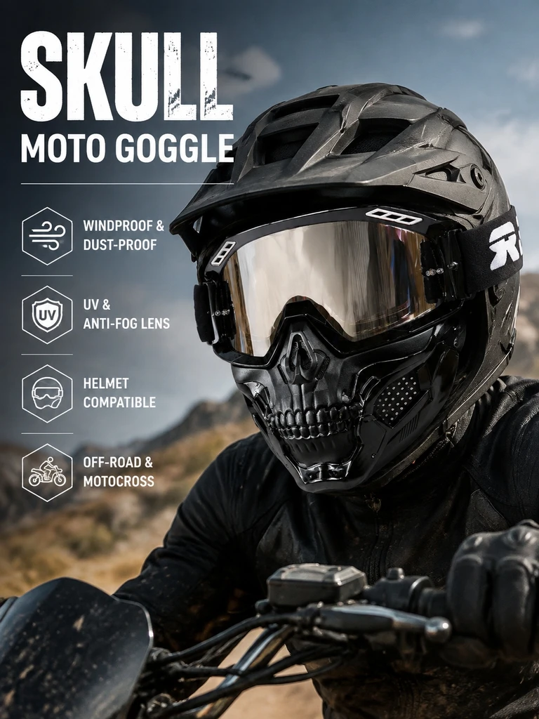 Motorcycle Off Road Goggles Removable Skull Face Mask Windproof Dustproof Protective Glasses for Motocross Skiing Sports