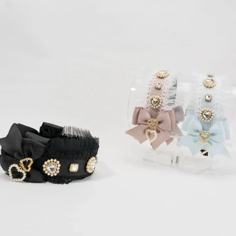 

Japanese Harajuku Lolita Headband Clips Gothic Y2K Love Gem Bow Hair Accessories Hairpin Sweet and Cool Womens Headband