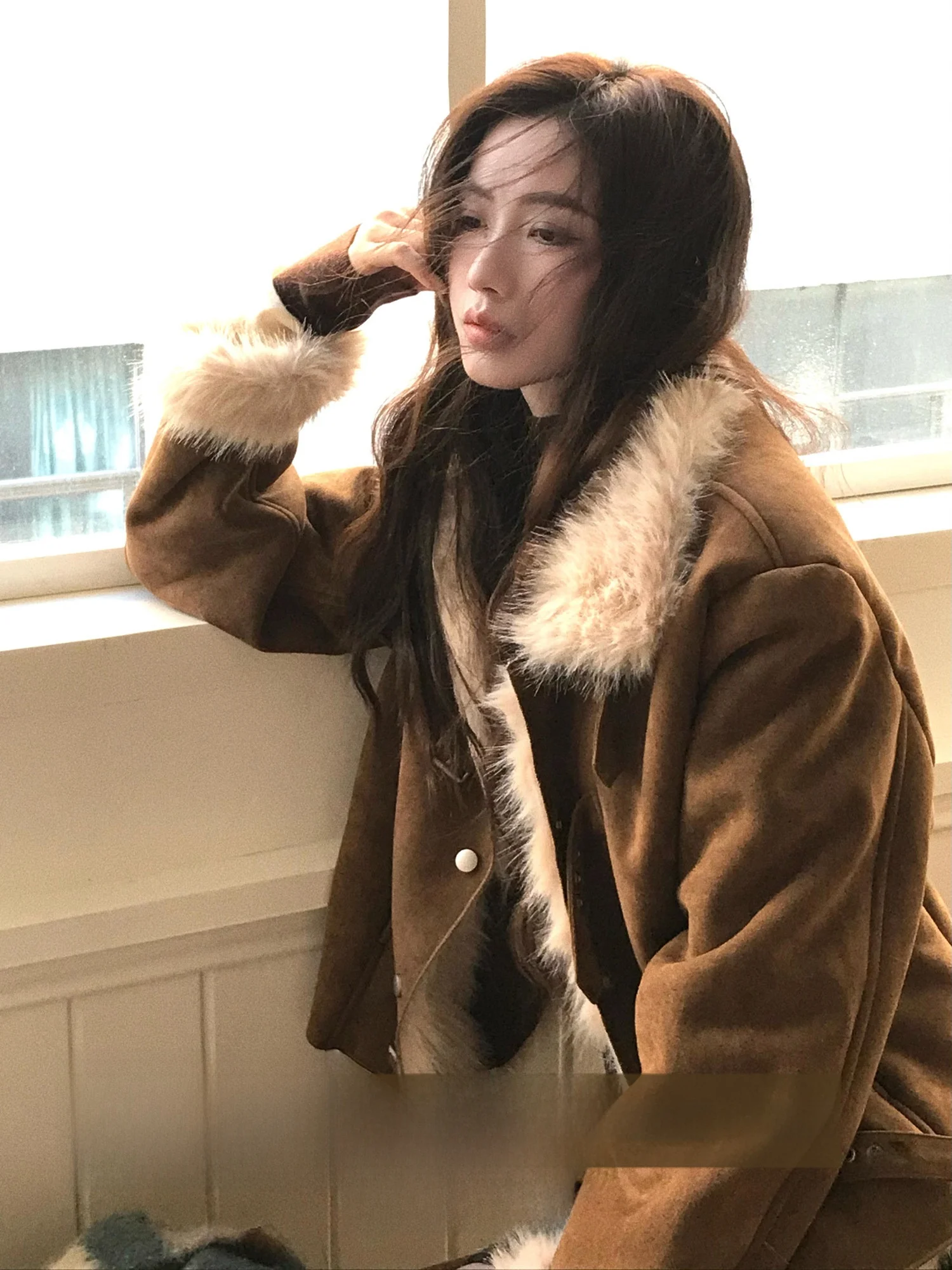 

Retro American Sle ort Jaet Women's Stand Collar Suede Fur Inteated Outerwear Warm Thi Long Sve Winter Coat