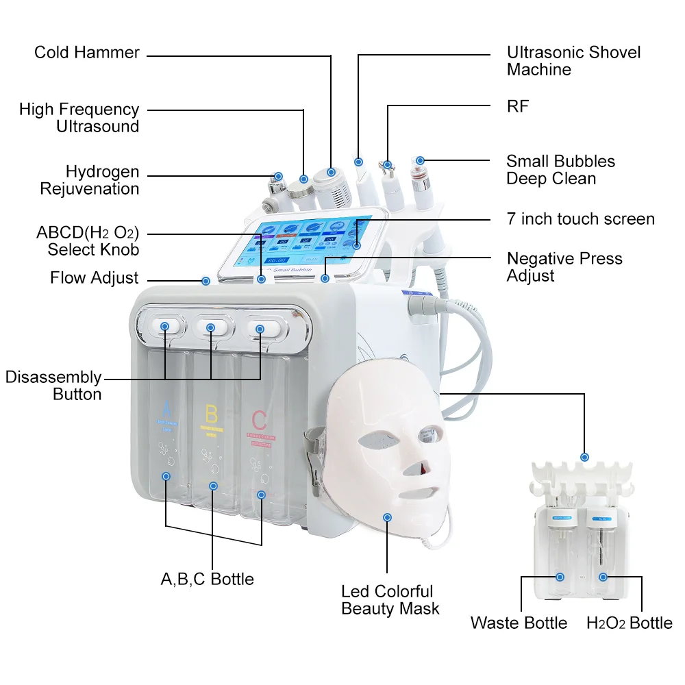 7 in 1 Professional Water Oxygen Machine Small Bubble H2O2 Facial Machine Anti Aging Pore Acne Revmove Deep Cleansing Face Lift