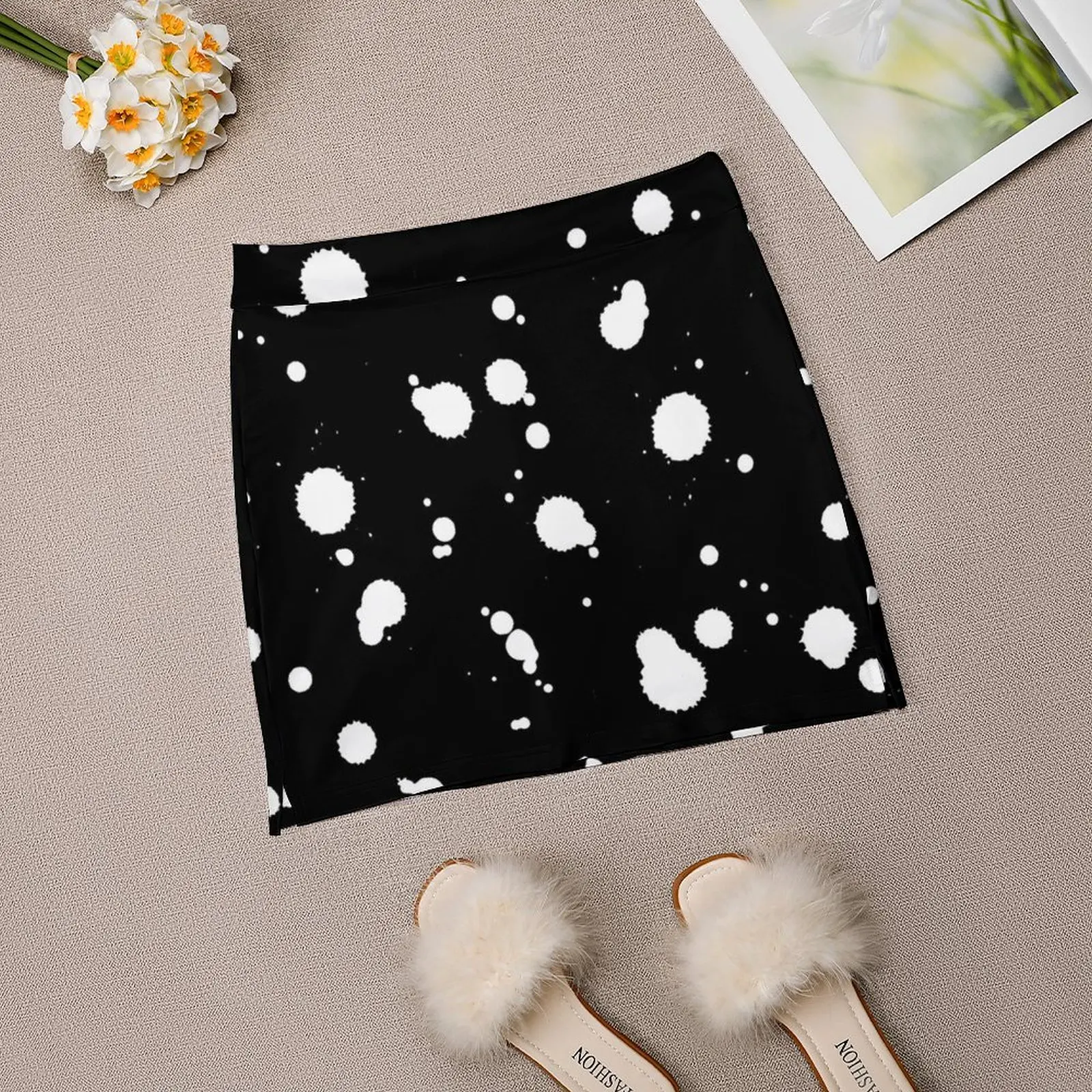 vintage seamless pattern with ink blot dot, grunge ink texture. White on black Light Proof Trouser Skirt korean style clothes