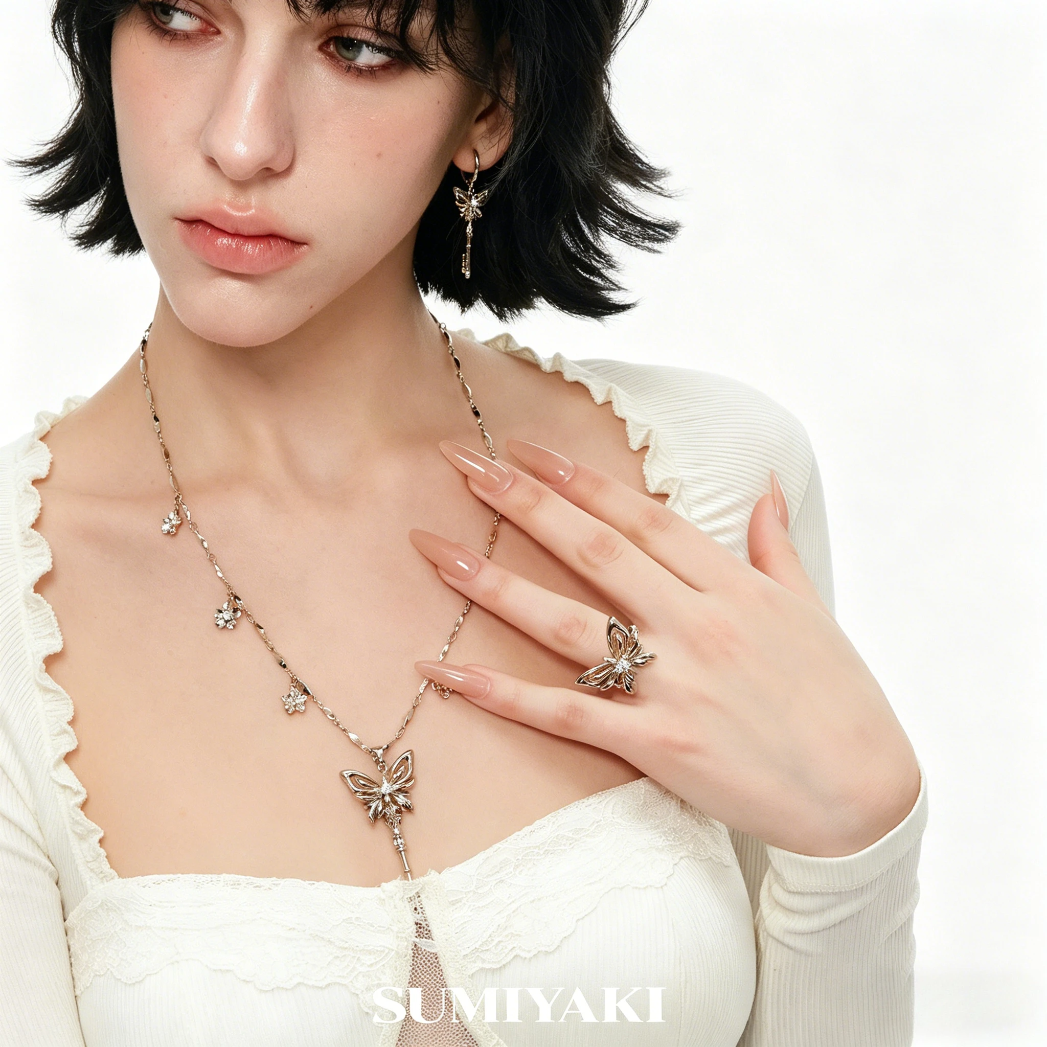 

Genuine SUMIYAKI Butterfly Ring Necklace Earrings Combination Design Set, Light Luxury Jewelry Girls Gifts
