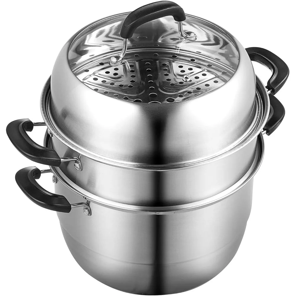

11 Inch 3 Tier Steamer Pot Set with 8.5QT Stock Pot Vegetable Steamer and 2 Steaming Trays Food Grade Stainless Steel Cookware