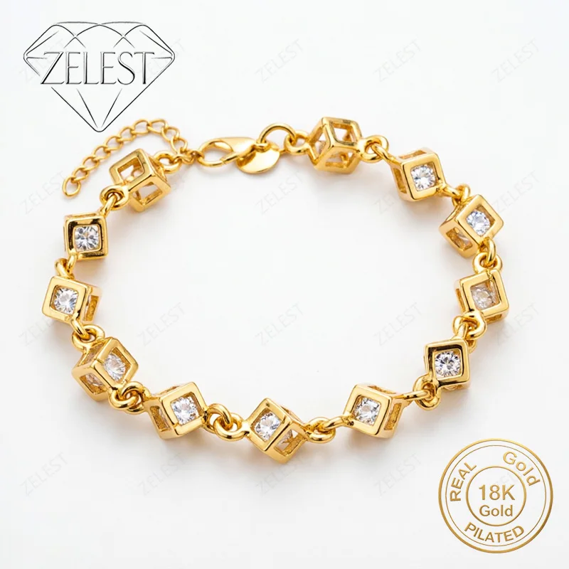 925 Sterling Silver 18K Gold Plated 8-inch Delicate Square Zircon Bracelet for Women's Fashion Party Jewelry