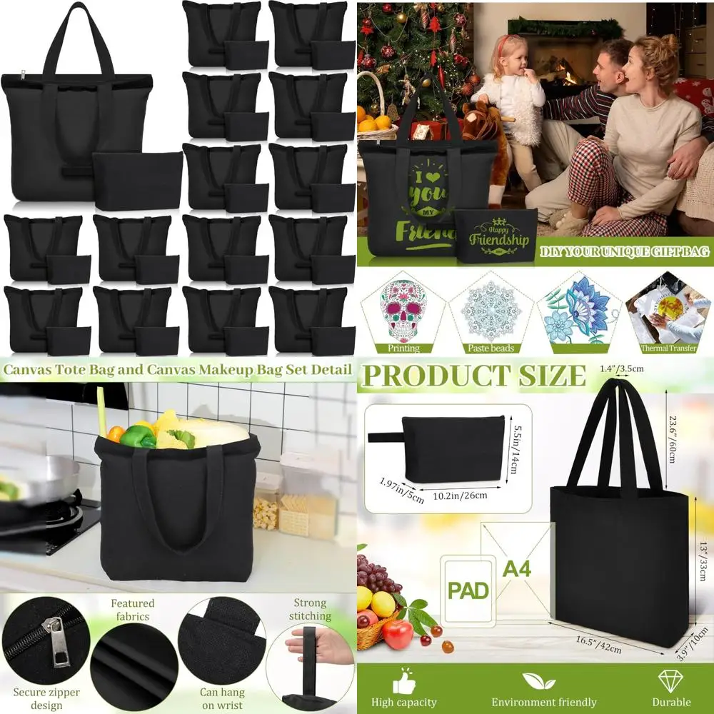 

Cotton Canvas Tote Bag with Zipper, Reusable Grocery Pouch, Makeup Bag, Kitchen Organizer, Blank Canvas Totes for Everyday Use
