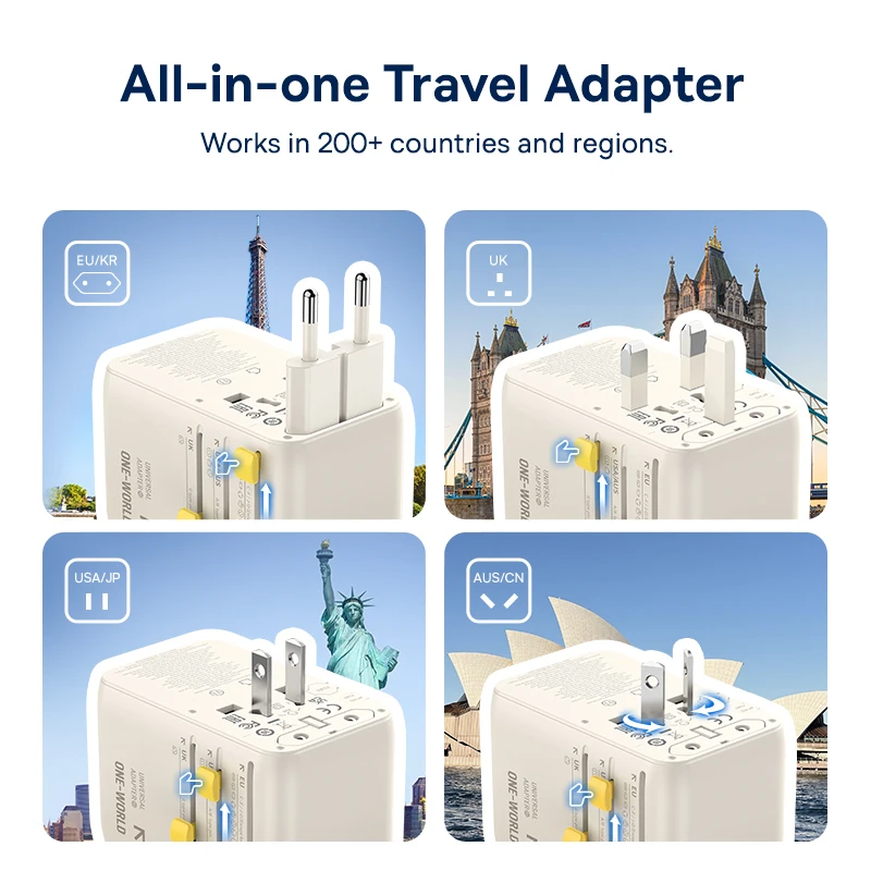 Uniwersalny adapter podróżny Baseus 70W GaN 2 gniazda AC 1 USB 2 porty Type C z wysuwanym kablem, szybka ładowarka EU UK US AUS 6-w-1 — zdjęcie produktu 2