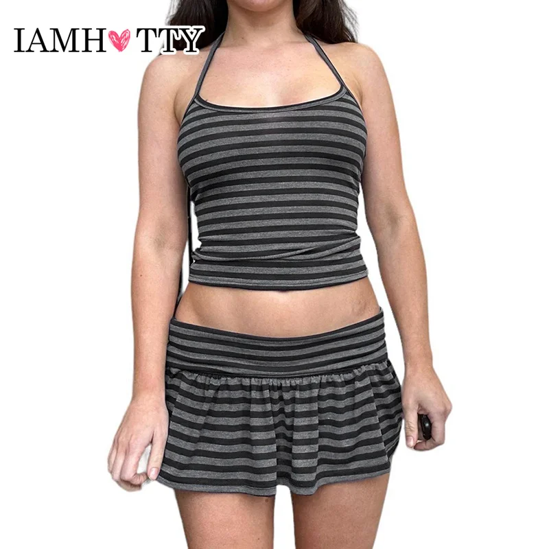 IAMHOTTY Striped Halter Crop Top and A-line Skirt Two Piece Set Women Casual Vest Shorts Skirts Matching Suits Retro Outfits