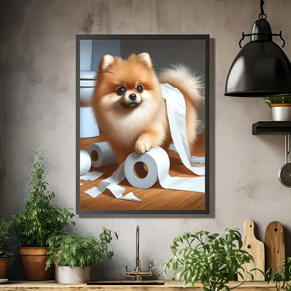 مجموعة فنية جدارية مضحكة للحمام من كلب صغير طويل الشعر - بدون طباعة قماشية مؤطرة، فن مرحاض كلب بوم المرحاض، هدية لمحبي كلب صغير طويل الشعر، Whim