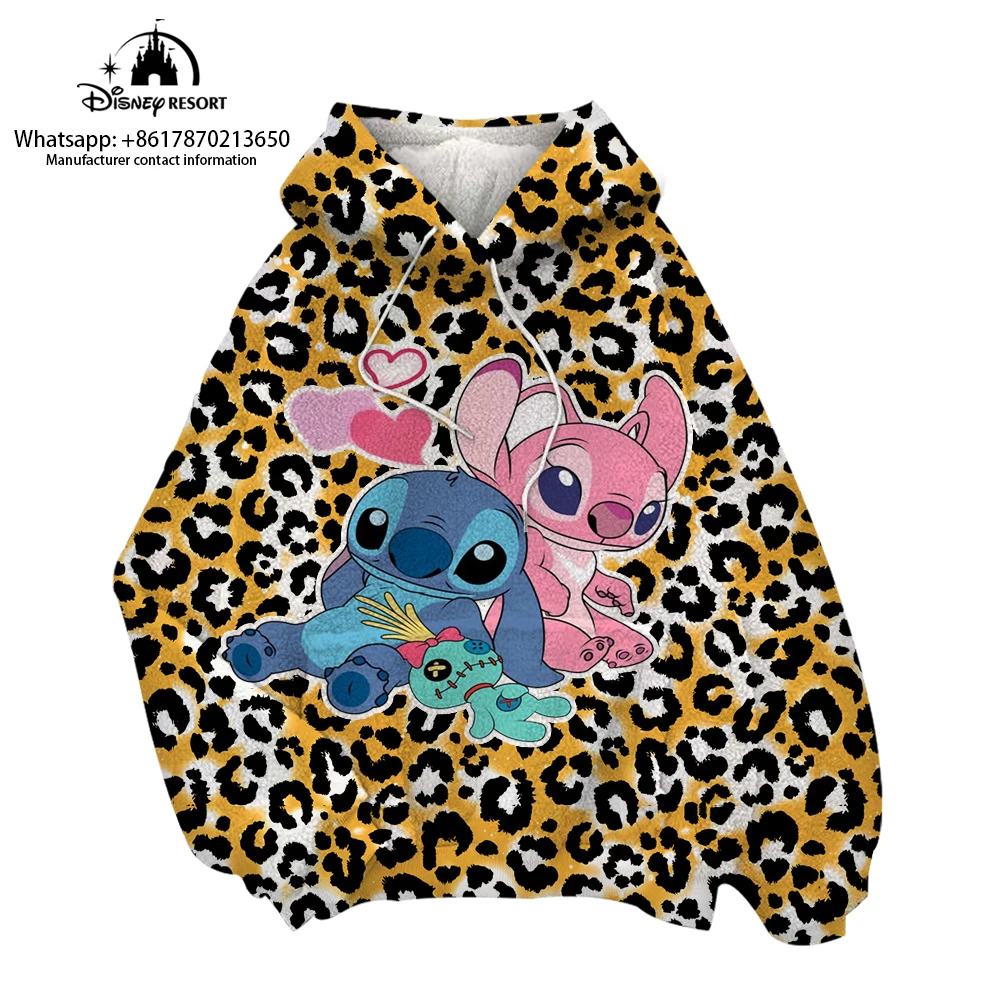 Disney Brand Stitch Anime Print Kids Hooded Plush Sweatshirt Winter 2022 New Round Neck Ladies Leopard Hoodie Y2K