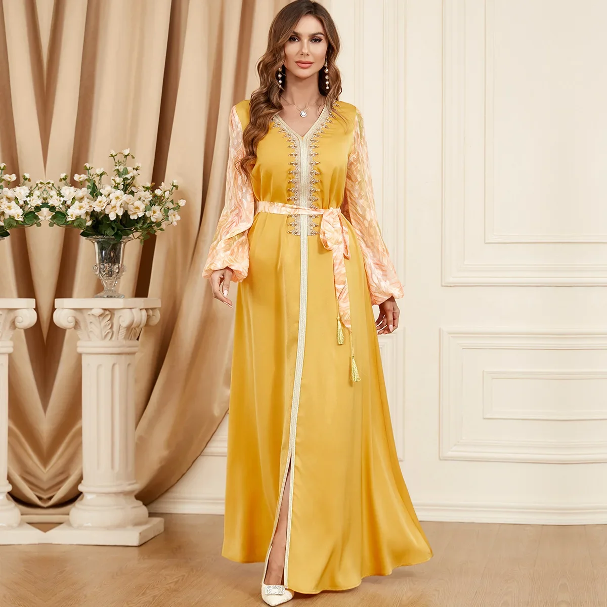 Elegante muslimische Maxi kleider für Frauen Sommer muslimische Langarm Kaftan lange Kleider mit V-Ausschnitt Dubai Abaya muslimische Abaya Kleid Outfits