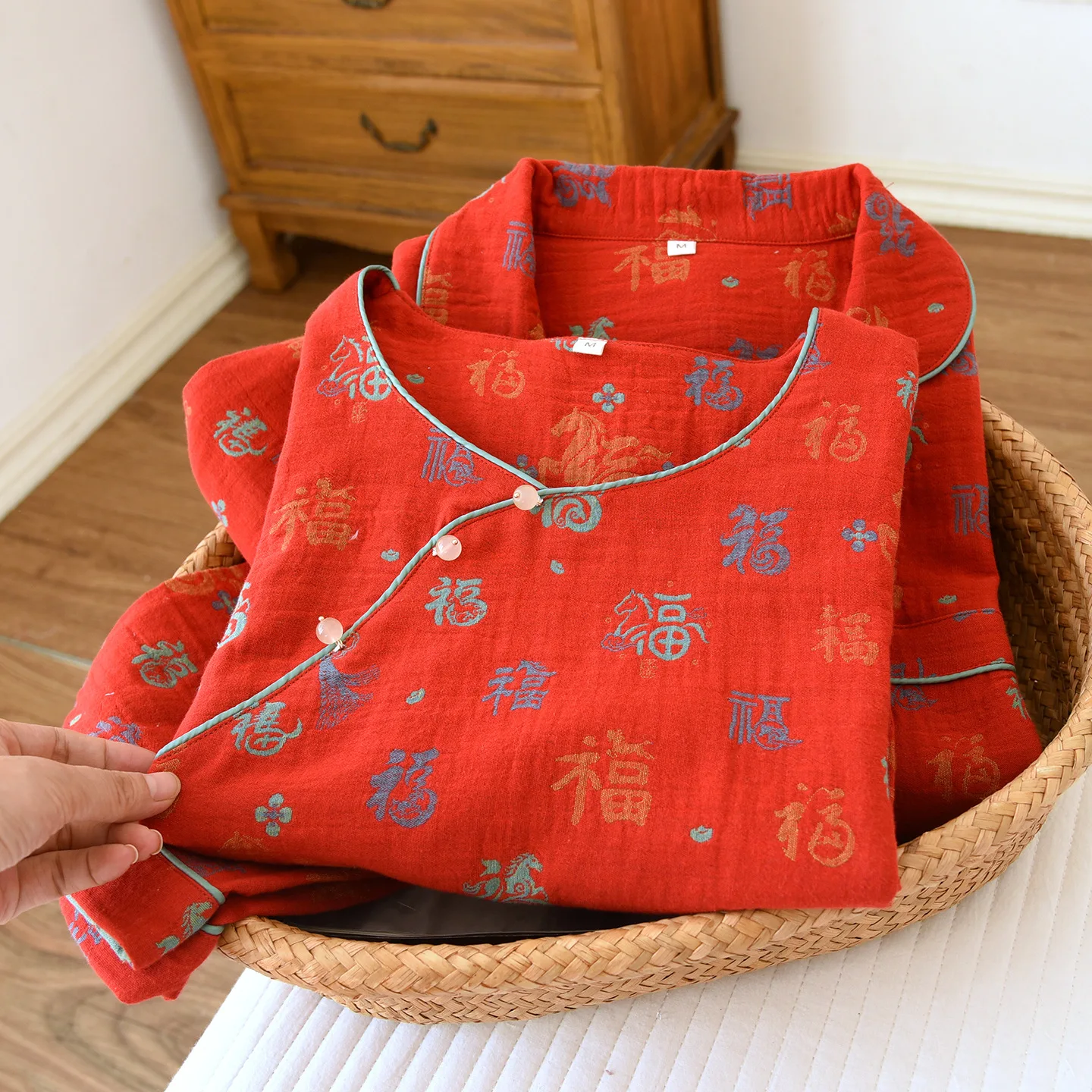 Red Color Cotton Double-sided Jacquard Lucky Long Sleeve Pajamas Set Thin Women's Roomwear Clothes