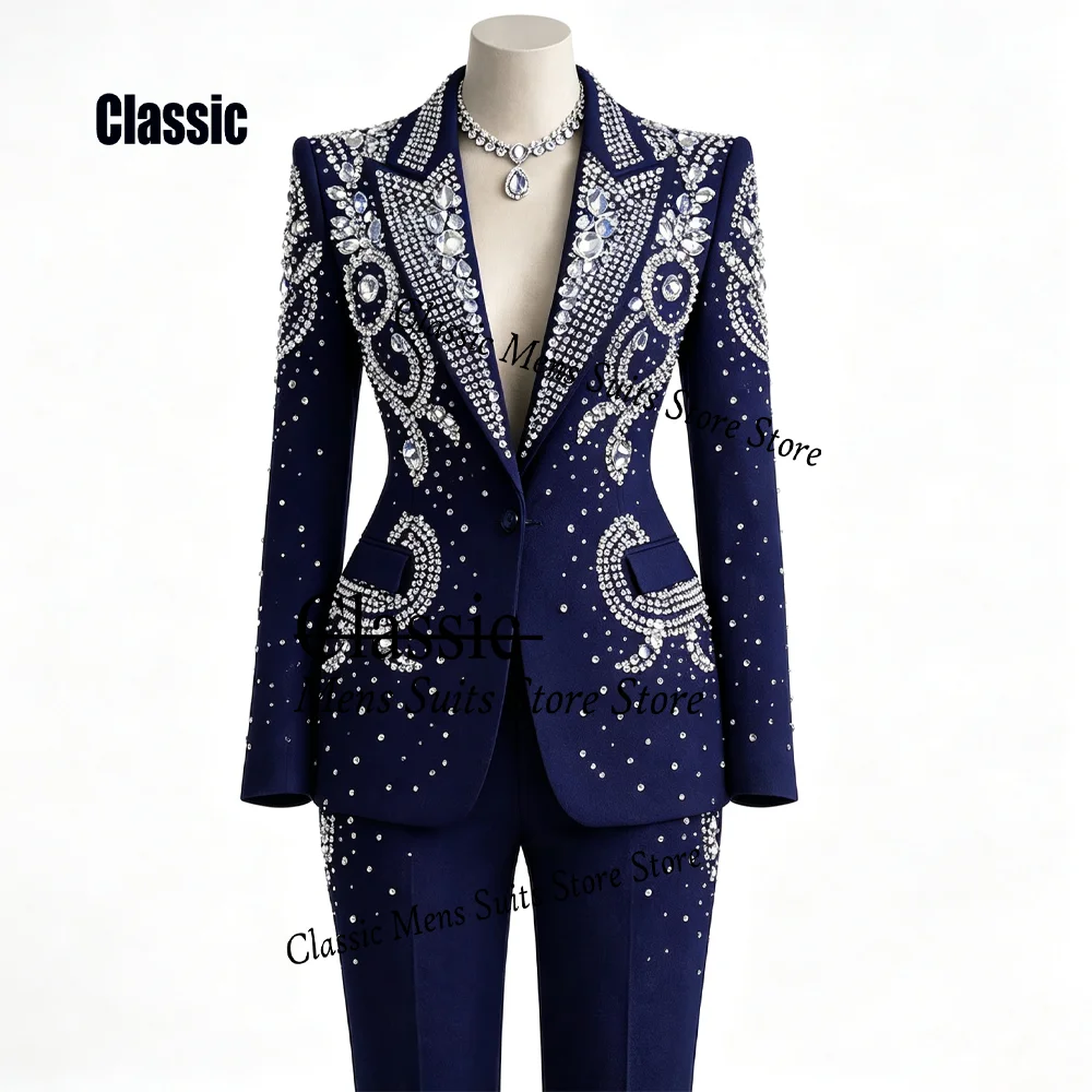 Customized Rhinestone Crystal Tuxedo Men Suit Handsome Sequin Male Prom Blazers 2 Pieces Set Wedding Groom Diamond Ropa Hombre