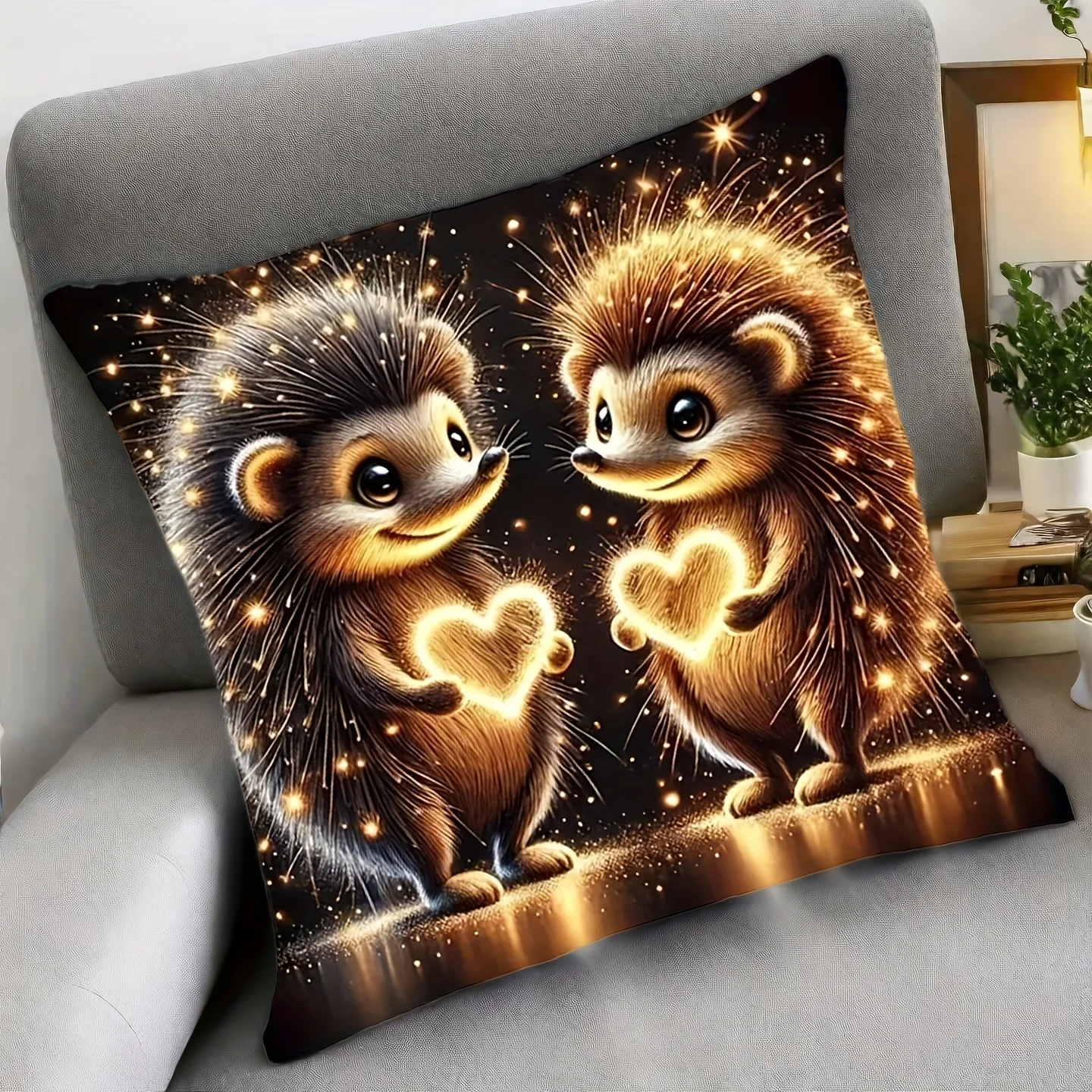 Cute Glowing Hedgehog Pillow Case, Romantic Heart Light Cushion Cover for Sofa Bedroom, Sweet Animal Home Decor Throw Pillowcase