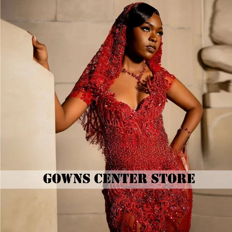Sexy See Through Red Prom Dresses With Scarf Luxury Rhinestone Mermaid Party Gowns Crystal Vestidos De Gala Cutsomized