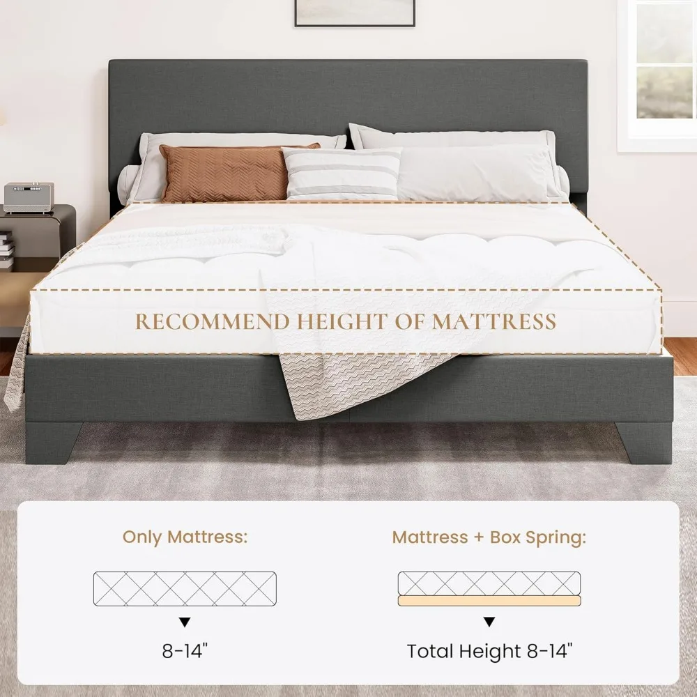 Cadre de lit plateforme pleine grandeur avec tête de lit réglable, tissus d'ameublement en tissu et lattes en bois, assemblage facile, gris foncé