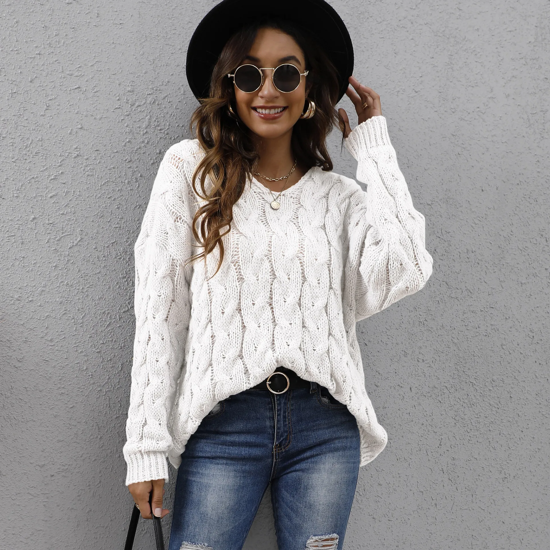 Y2K Hooded V-Neck Long-Sleeve Knit Sweatshirt Autumn/Winter Fashion Solid Color Oversized Pullover Sweater traf zara 2025 - Image 6