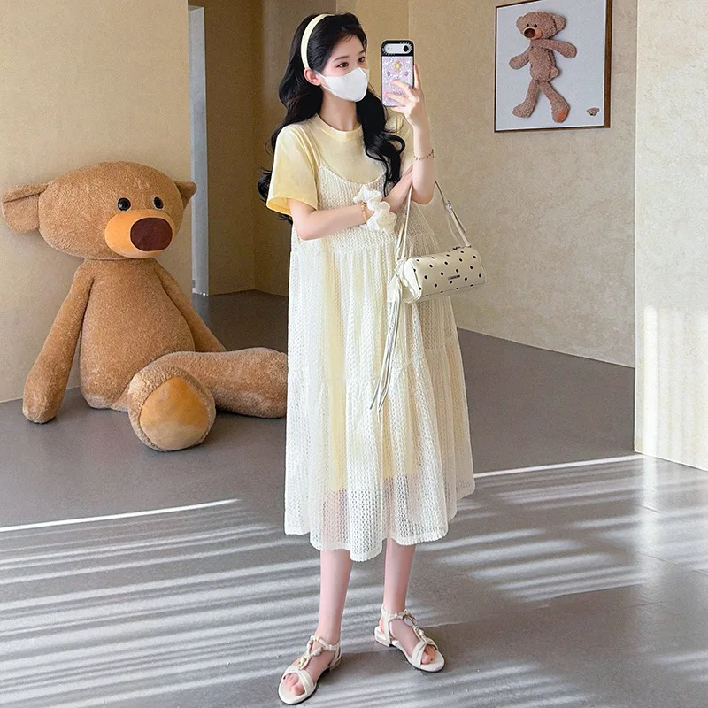 Maternity Suit Summer Sweet Cute Short Sleeve T Shirt and Lace Spaghetti Strap Dress 2026 for Pregnant Women