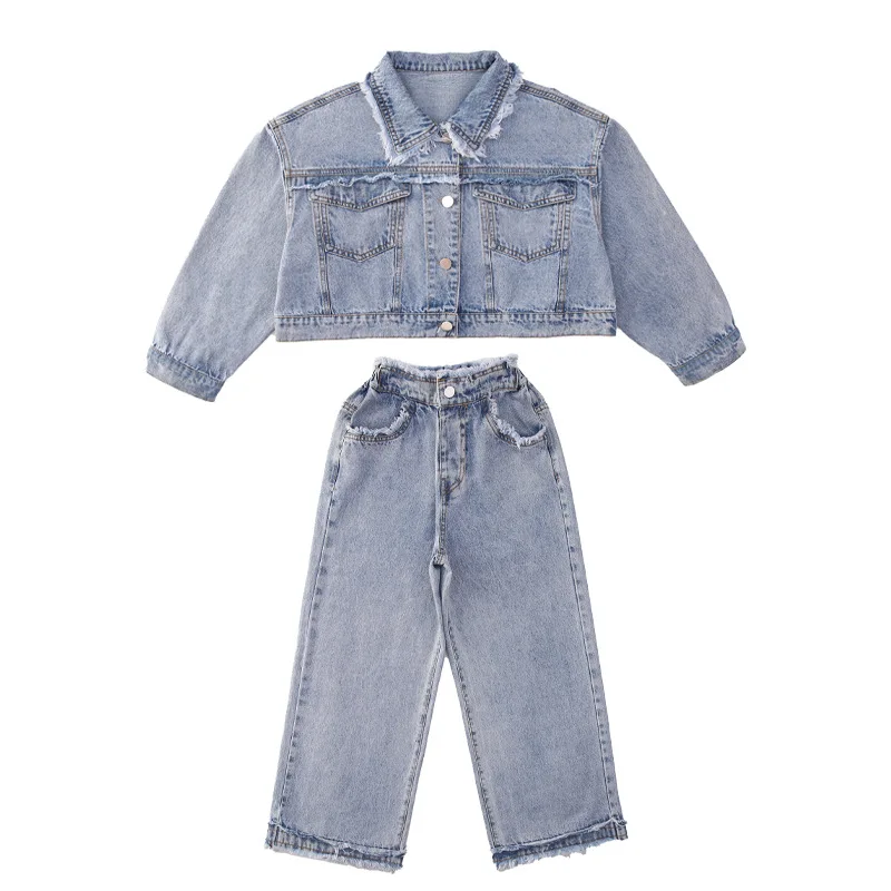 Spring Autumn Girls Clothing Set Jacket & Pants Outfits for Teen 6 8 12 Year Kids Clothes School Children\'s Raw Edge Denim Suits