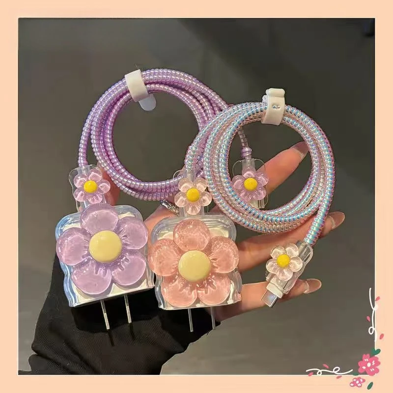 아이폰 12 13 14 15 16용 3D 보라색 꽃 투명 실리콘 충전기 케이스 18W-20W 귀여운 고속 충전 보호 커버