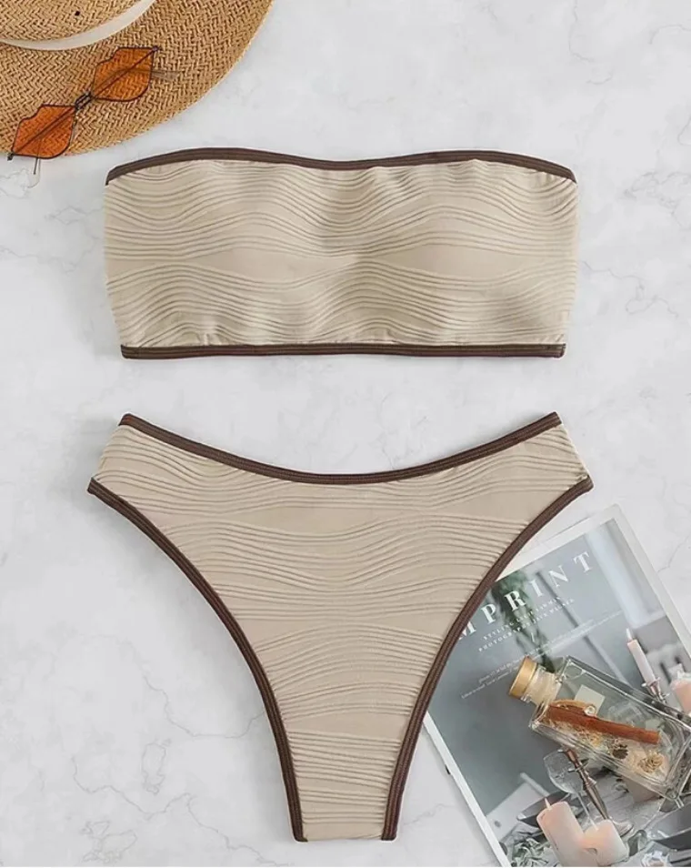 

2025 женский сексуальный купальник-стринги с эффектом пуш-ап, контрастный бандо, бикини, женский купальный костюм, летняя пляжная одежда