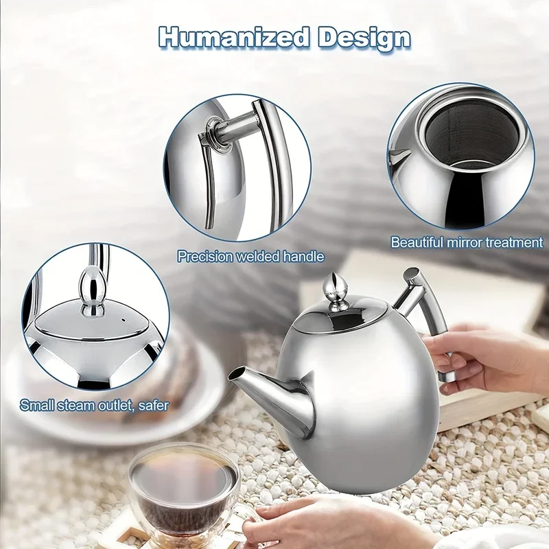 Restaurant-grade stainless steel tea kettle with filter, 1pc