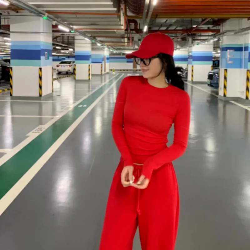 

Красные широкие брюки, женские свободные брюки с завязками, зимняя мода с высокой талией, повседневная одежда, брюки длиной до пола