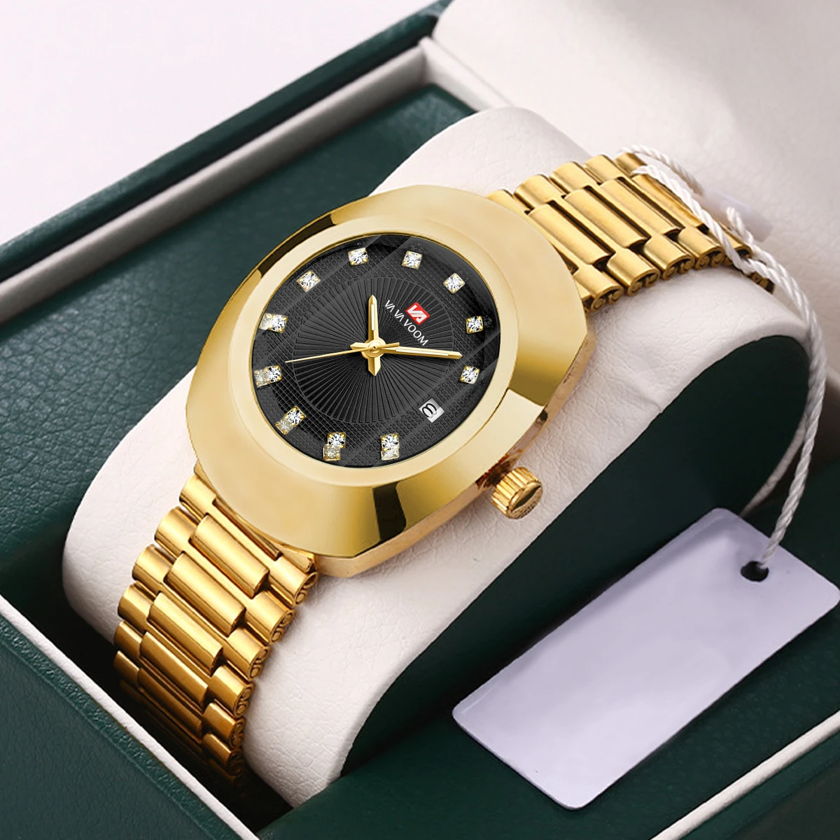 VA VA VOOM Gold Mens Watch Fashion Elliptical Stainless Steel Luxury Water Diamond Business Style Original Quartz Movement Watch