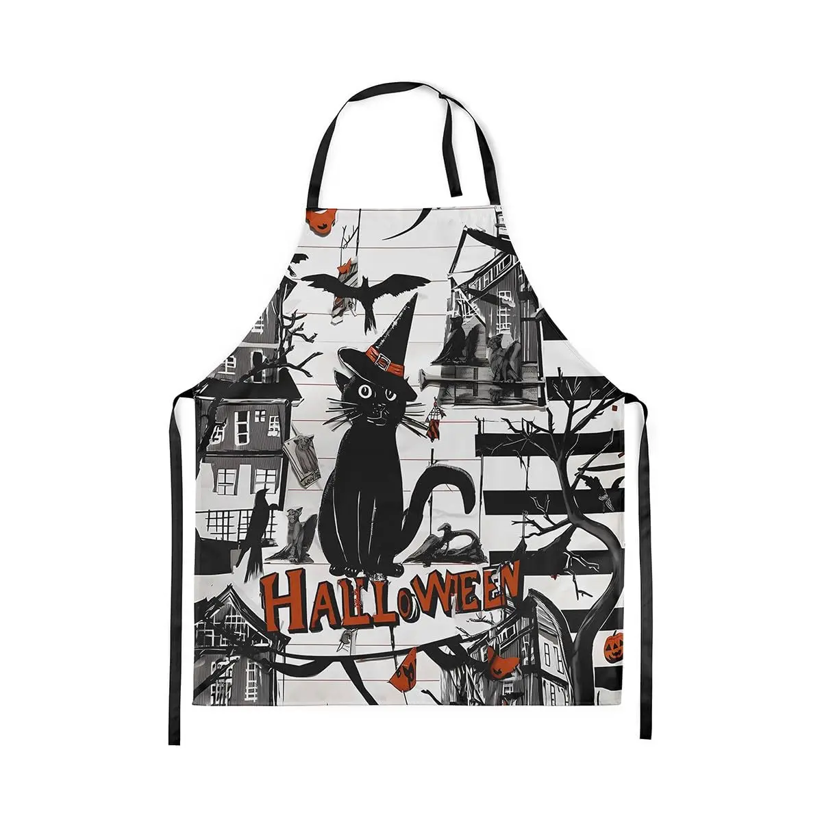 

Halloween Decorations Kitchen Apron Cartoon Cute Cat Wizard Waterproof Apron for Adults Black Trees Haunted House Decor Apron