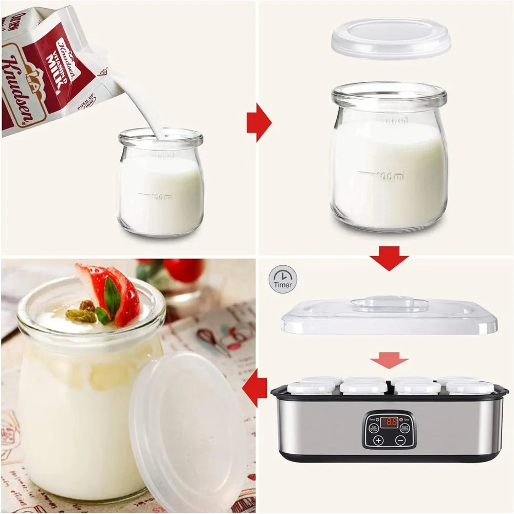 Йогуртница, автоматическая цифровая, с ЖК-дисплеем, 8 стеклянных банок 48 унций/с, дизайн из нержавеющей стали, автоматический контроль температуры
