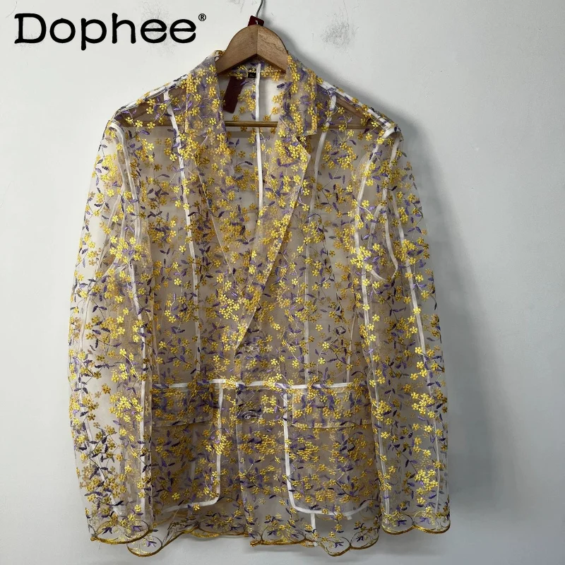 

Men's 2026 Summer Suit Jackets Fashion Embroidery Flower See-through Mesh Gauze Tailored Coats Comfort Long Sleeve Chic Jackets