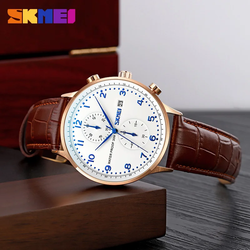 Imagem -03 - Skmei Relógios Masculinos Topo Marca de Luxo à Prova Impermeável Água Esporte Relógio de Pulso Cronógrafo Quartzo Militar Couro Genuíno Reloj Hombre