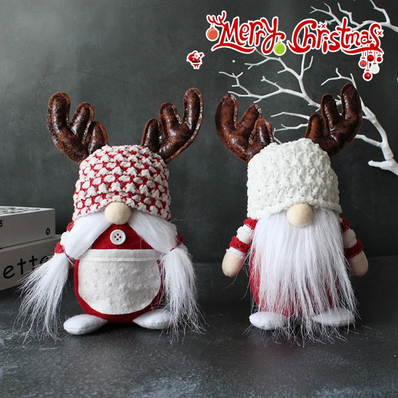 

Christmas Faceless Doll Decoration Antlers Old Man White Beard Dwarf Standing Doll Window Decoration Xmas Holiday Home Decor