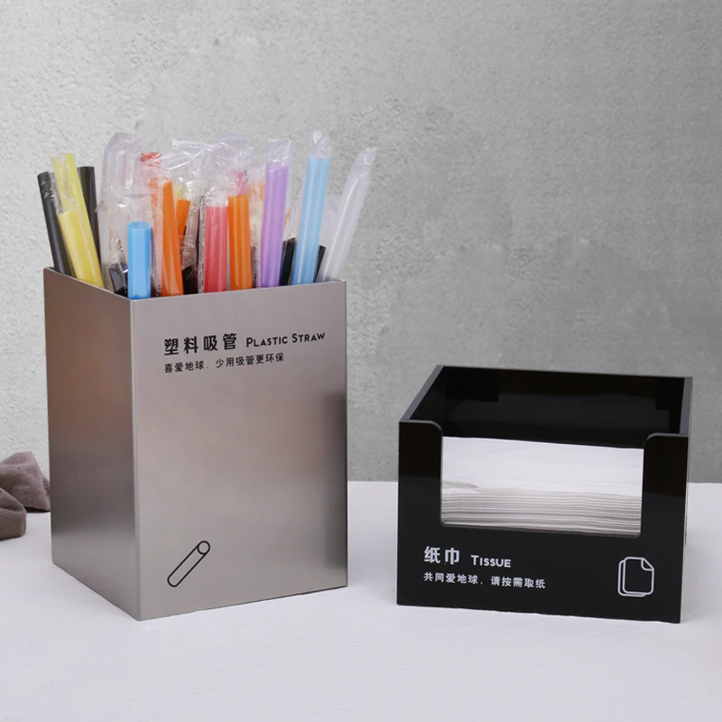 Five piece tableware storage box, milk tea shop stainless steel straw box, tissue  , cup set , ice cream spoon