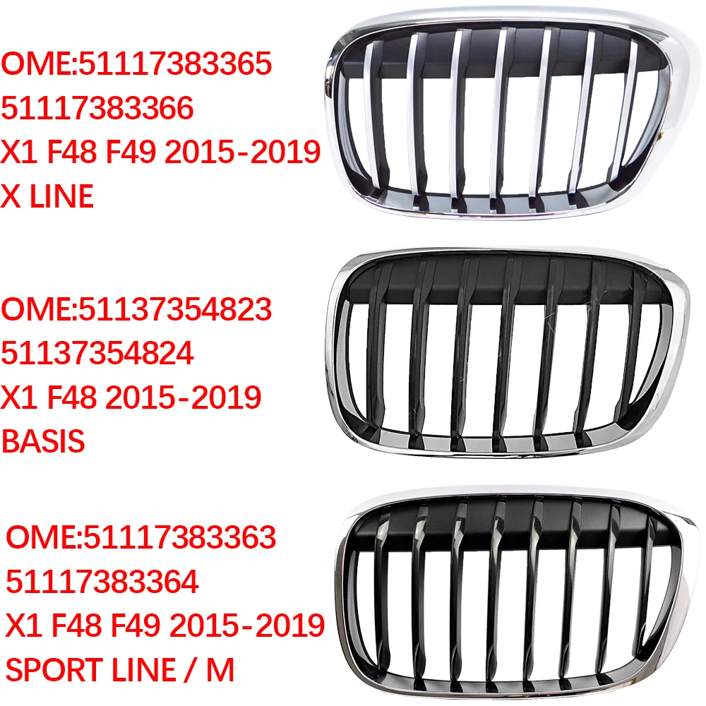 

1pcs For BMW X1 F48 F49 2015 2016 2017 2018 2019 car Double kidney grille Front bumper grilles Racing grill Chrome frame black