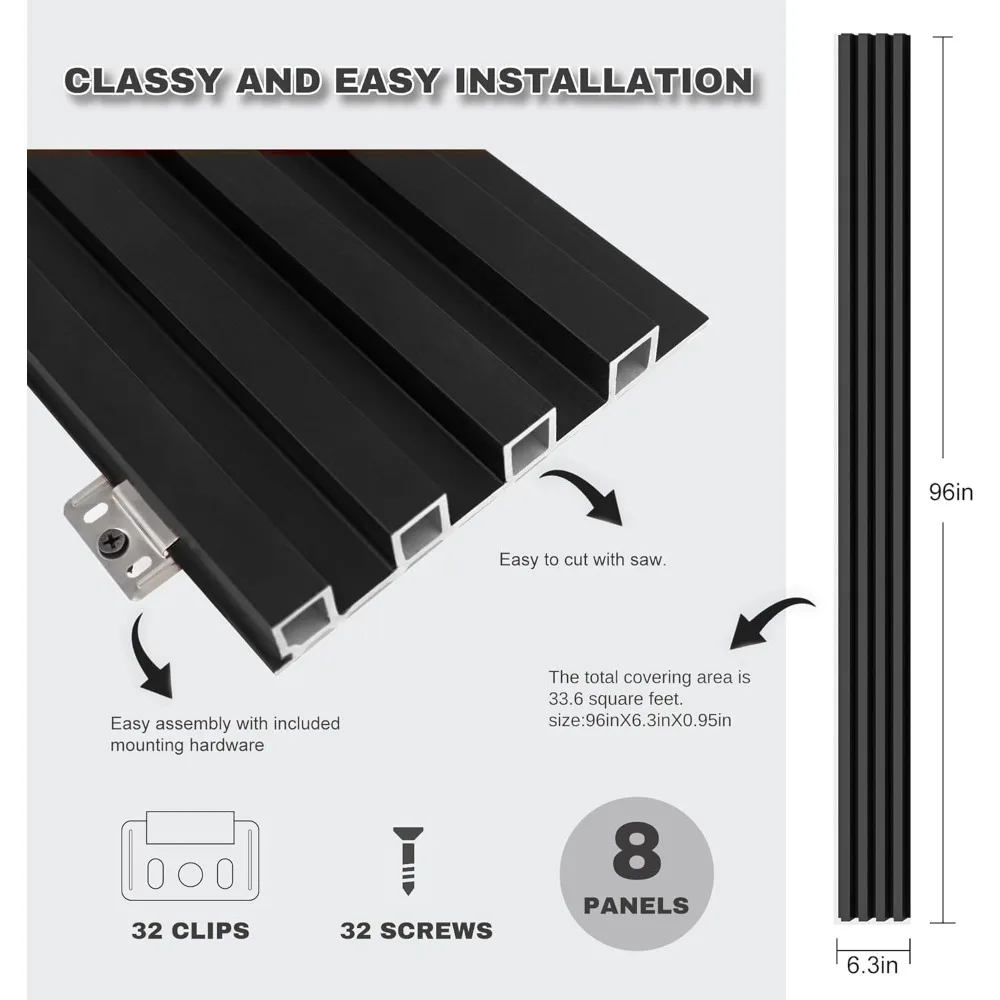 Panele ścienne do dekoracji wnętrz, listwy ścienna, 96x6,3x0,9 cala, 8 sztuk, do salonu, sypialni, nowoczesne czarne panele ścienne.