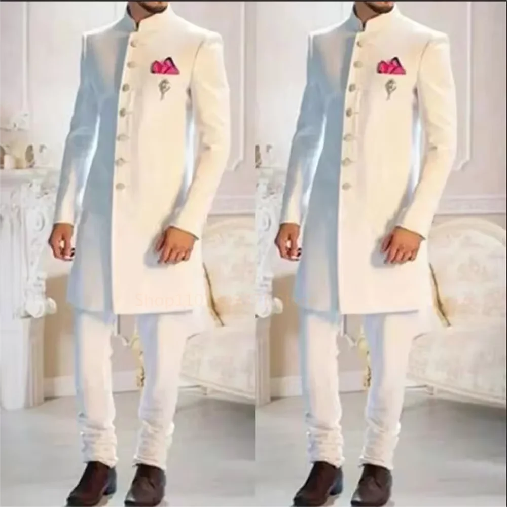 Fashion Design White Stand Collar Men Suit Single Breasted Indian Tuxedo Groom Long Suits for Men Slim Wedding Formal Wear 2Pc