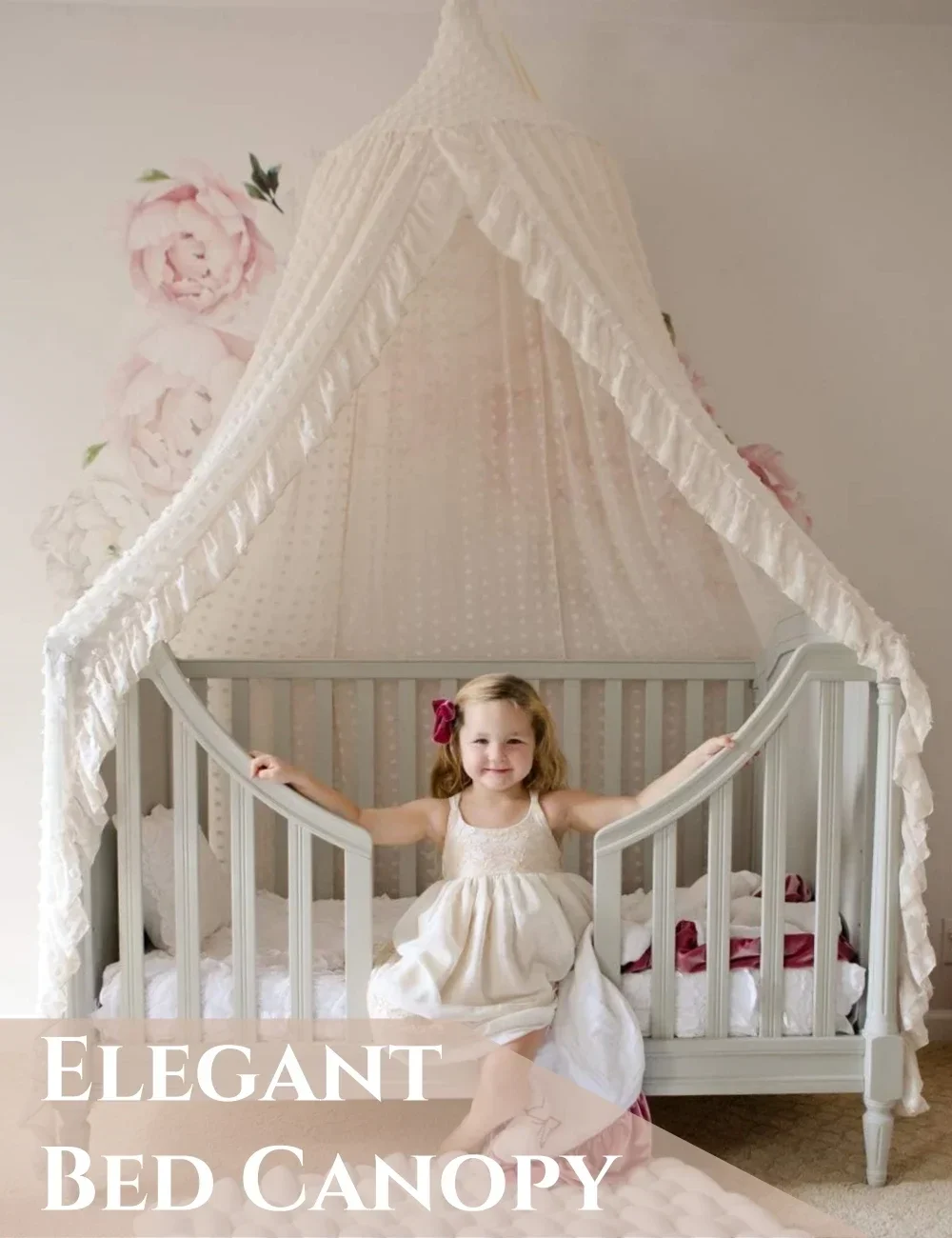 Beige Kids Bed Canopy Boho Nursery Canopy with Pom Pom Elegant Princess bed canopy for Bedroom Nook Castle Nursery Decor 94.5In