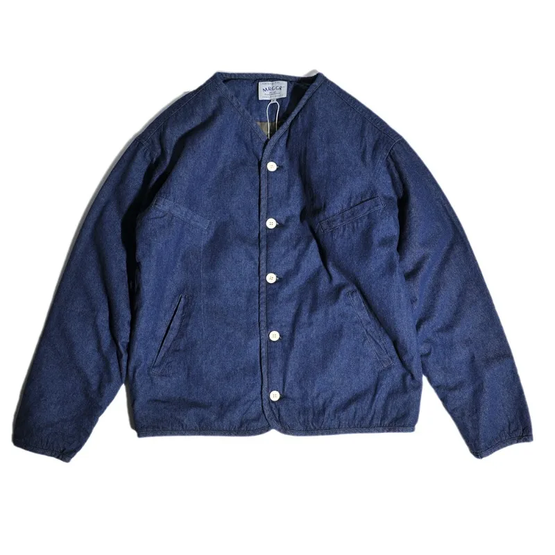 2026 Autumn New American Retro Y2k Streetwear Denim Jackets for Men Winter Thick Warm Collarless Casual Loose Jacket Coats