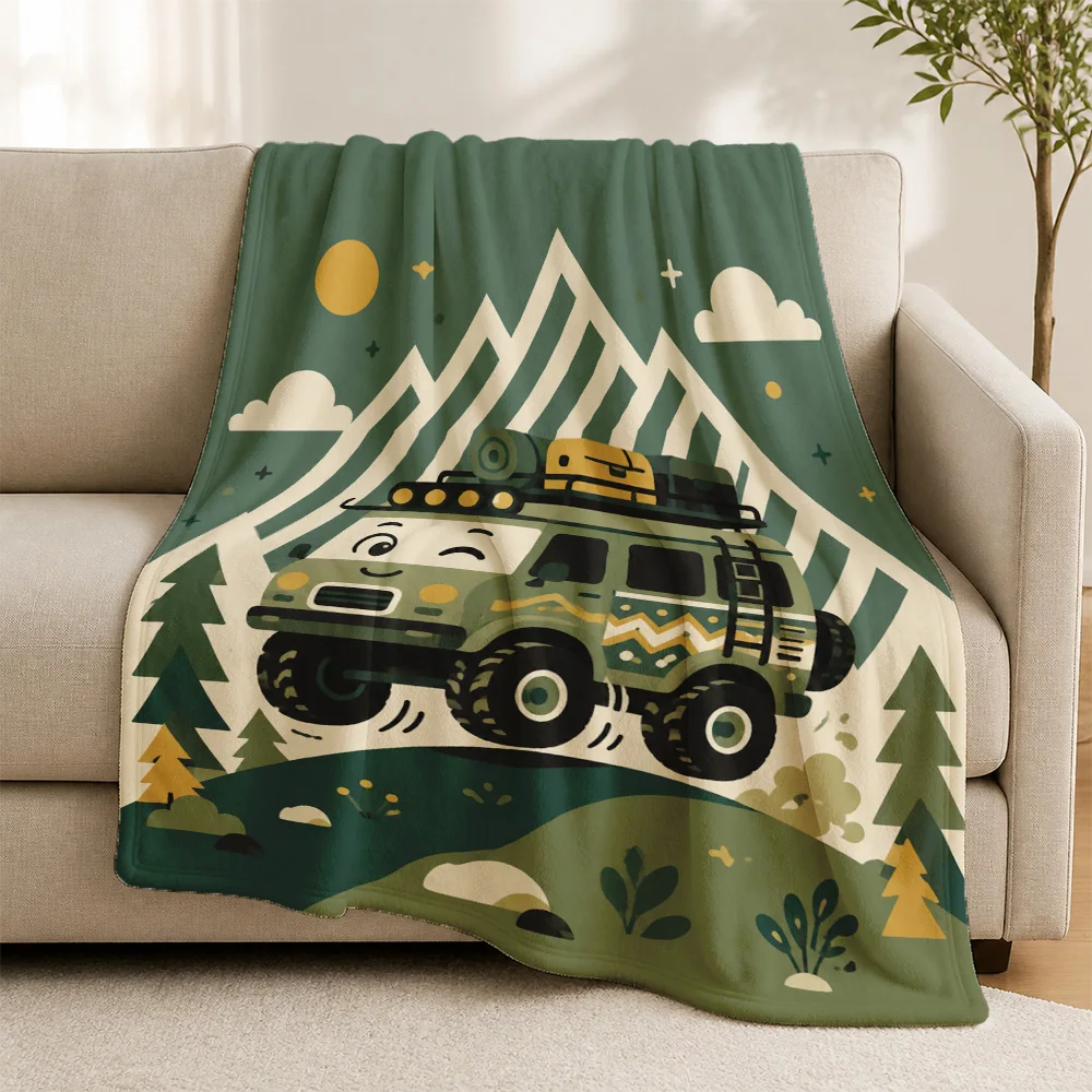 Camouflage Jeep Woodland Throw Blanket Sofa Couch Decor Military Style Forest Nature Art Plush Blanket for Living Room
