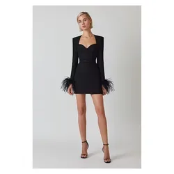 Women's Sexy Strapless Bandage Dress 2022 New Black Feather Long Sleeve Celebrity Evening Party Elegant Mini Dresses