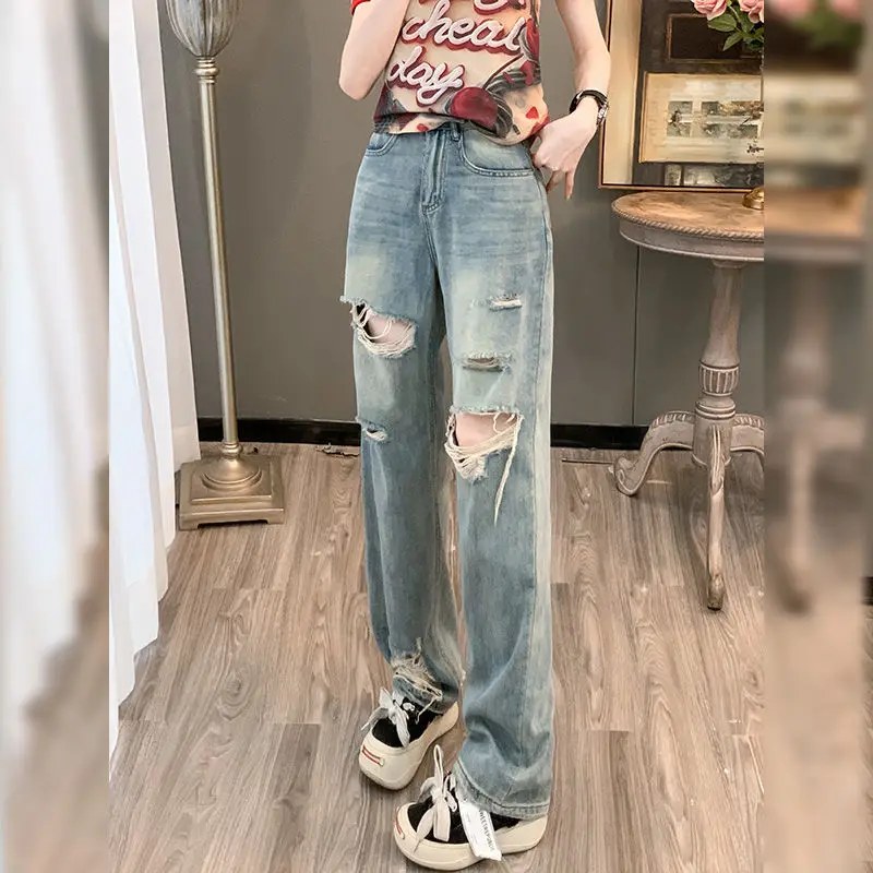 

Ripped Jeans Fall High Waist Straight Women New Blue Denim Trousers Fashion Streetwear Wide Leg Baggy Pants Casual Retro America