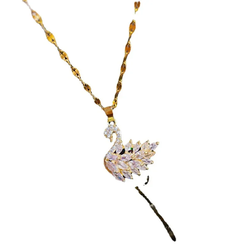 Original Fashion Full Crystal Cartoon Swan Pendant Necklace for Women Charm Gold Color Stainless Steel Zircon Chokers Jewelry